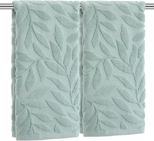 2 Pcs Green Leaves Hand Towels for Bathroom Green Leaves 100% Cotton Jacquard Weave Bath Towel Set Soft Absorbent Dish Washcloth for Bathroom Kitchen Summer Theme Gifts 13.8 x 29.5 Inch