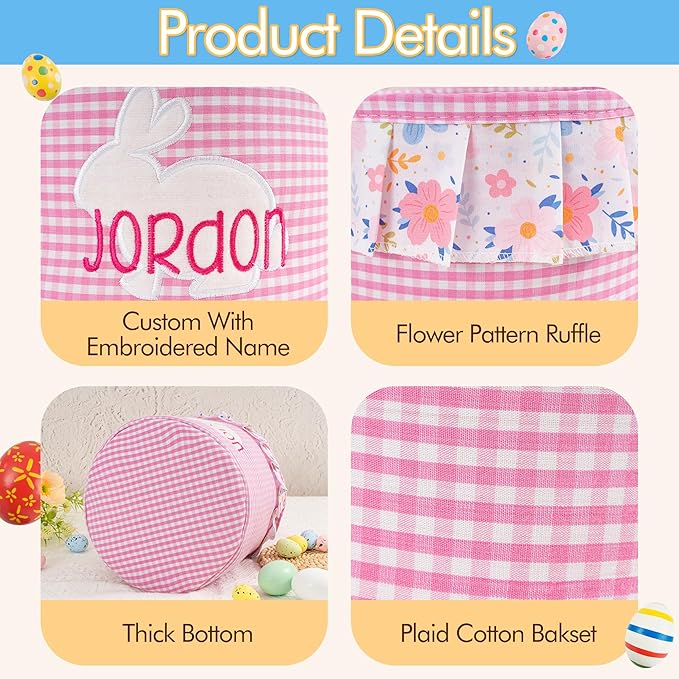 MT WORLD Toddler Easter Bunny Basket Personalized Easter Egg Bucket for Kids with Name Rabbit Ruffle Bucket Tote for Baby Boys Girls Easter Egg Hunts Decorations Candy Gifts Storage (Pink Plaid)
