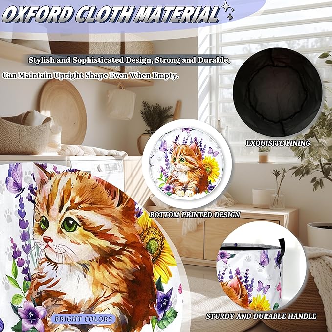 Cute Cats Laundry Basket Foldable Purple Flowers Butterfly Laundry Hamper With Handle Oxford Cloth Portable Clothes Storage Basket Animal Laundry Bag 18.9"x16.5" For Laundry Room/Bedroom/Bathrooms