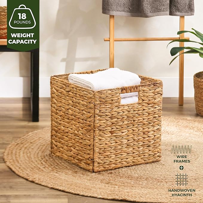 10.5x10.5in Wicker Storage Baskets, Handwoven Water Hyacinth Foldable Cube Bins for 11.5" × 11.5" and Larger Cube Shelves, Set of 4 (Natural)