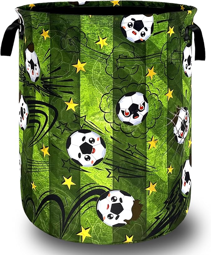 Funny Soccer Laundry Basket Foldable Football Laundry Hamper With Handle Oxford Cloth Portable Clothes Storage Basket Ball Laundry Bag 18.9"x16.5" For Laundry Room/Bedroom/Bathrooms
