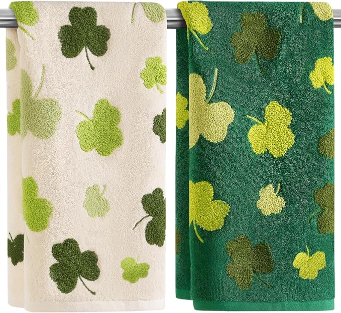 2 Pack St. Patrick's Day Hand Towels Green Clover Shamrocks 3D Embroidered 100% Cotton Soft Absorbent Bathroom Decorative Towels Set for Kitchen,Bathroom,Home,St. Patrick's Day Party,13.7'' x 29.5''