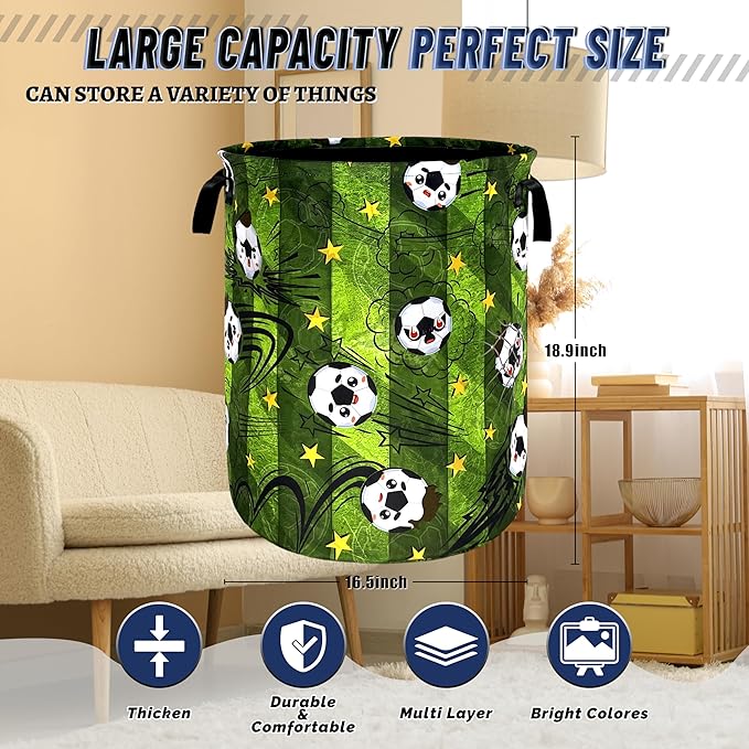 Funny Soccer Laundry Basket Foldable Football Laundry Hamper With Handle Oxford Cloth Portable Clothes Storage Basket Ball Laundry Bag 18.9"x16.5" For Laundry Room/Bedroom/Bathrooms