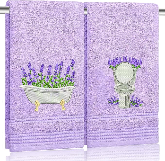 2pcs Purple lavender Hand Towels for Bathroom Decorative Towels Set 100% Cotton cute Embroidered Spring summer floral bath towels dish kitchen towels Farmhouse Bathroom Decor Gift(Purple lavender)
