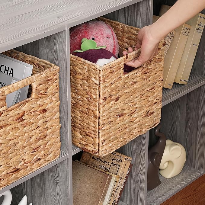 11x11x11in Water Hyacinth Storage Baskets, 11 Inch Cube Storage Bins, Woven Baskets for Storage, Wicker Storage Basket for Shelves Set of 3