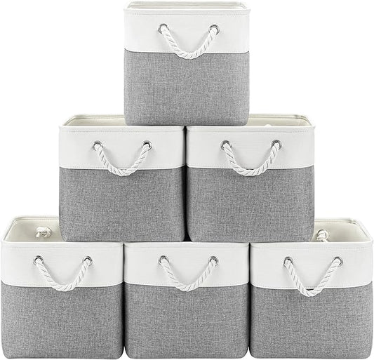 11 Inch Cube Storage Bins, 6 Pack Fabric Storage Cubes with Rope Handles, Organizer Baskets for Closet Shelves, Clothes and Home Organization(White/Gray)