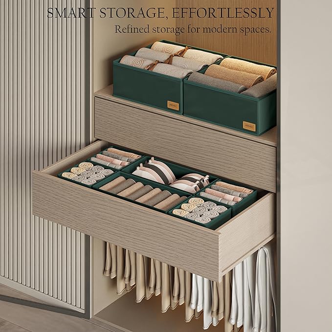 Clothes Drawer Organizer - Set of 6 Foldable Drawer Organizers bins for Dresser, Underwear, Socks & Baby Clothes Storage,Green