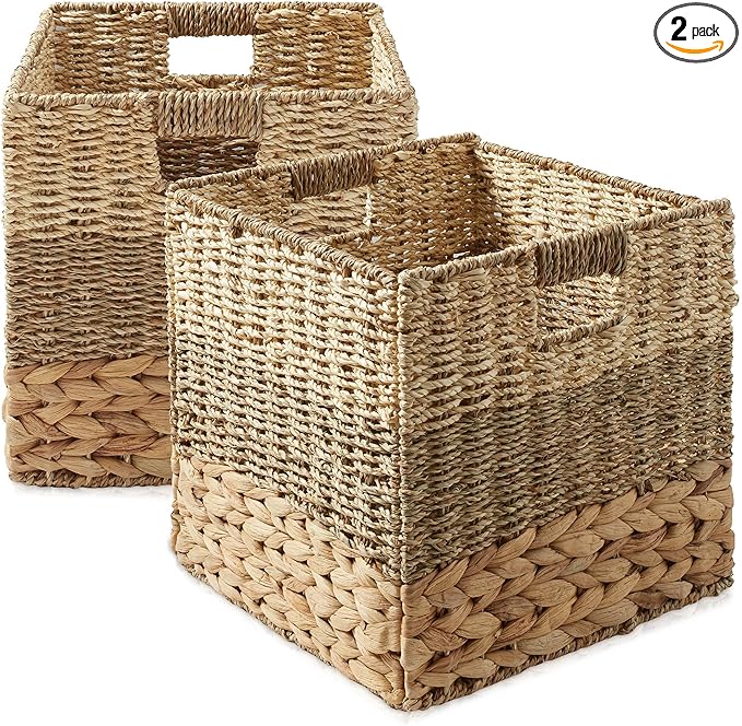 Casafield 13" x 13" Mixed Weave Storage Baskets, Natural - Set of 2 Woven Hyacinth Seagrass Wicker Storage Cube Bins for Bathroom, Bedroom, Laundry, Pantry, Shelves