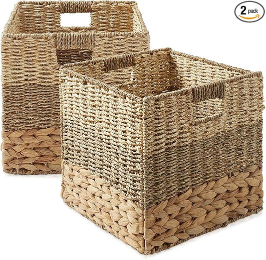 Casafield 13" x 13" Mixed Weave Storage Baskets, Natural - Set of 2 Woven Hyacinth Seagrass Wicker Storage Cube Bins for Bathroom, Bedroom, Laundry, Pantry, Shelves
