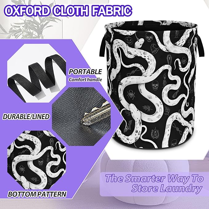 Snake Crawling Laundry Basket Black White Snakes Oxford Cloth Laundry Hamper Funny With Handle Foldable Portable Clothes Storage Basket 18.9 X 16.5 Inch Storage Bag For Laundry Room/Bathroom/Bedroom