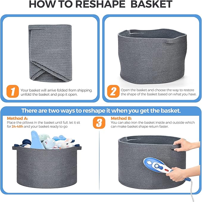 Blanket Basket - 20"x 20"x 13" Cotton Rope Basket for Living Room, Baby Toy Storage Basket, Large Woven Laundry Basket (Gray)