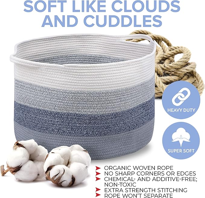 Cotton Rope Basket - Large Decorative Woven Storage Blanket Basket Bin with Handles for Organizing Baby Nursery, Dog Toy, Stuffed Animal or Laundry
