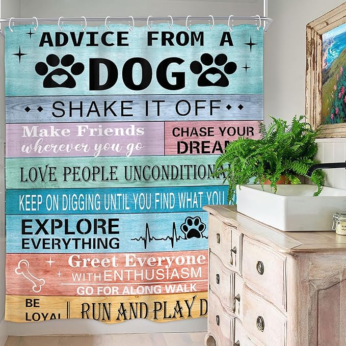 Homewelle Funny Dog Quotes Shower Curtain Rustic Wooden Farmhouse Inspirational Motivational Words Country Vintage Board Plank Cute 60Wx72H Inch Colorful Waterproof Polyester Fabric Bathroom Bathtub
