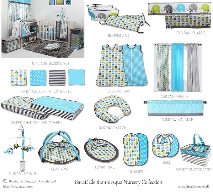 Bacati - Large Storage Tote Elephants Aqua/Lime/Grey 14 x 14 x 10 inches