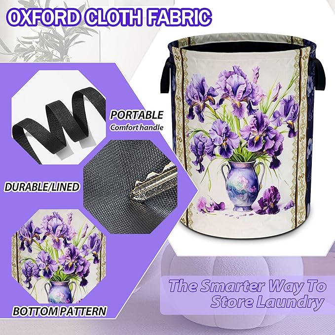 Iris Flower Laundry Basket Purple Floral Oxford Cloth Laundry Hamper Funny With Handle Foldable Portable Clothes Storage Basket 18.9 X 16.5 In Storage Bag For Laundry Room/Bathroom/Bedroom/Dormitories