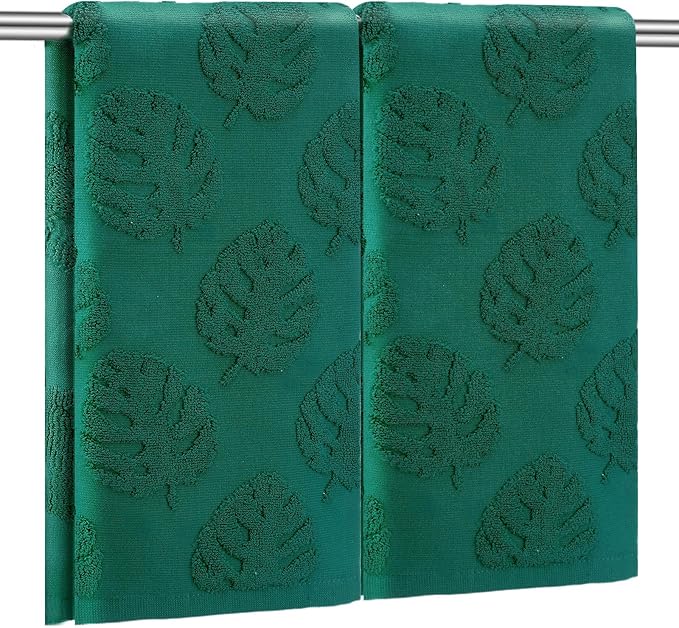 2pcs Monstera Leaves Hand Towels for Bathroom 100% Cotton Jacquard Weave Bath Towel Absorbent Dish Washcloth for Bathroom Kitchen Beach Summer Plant Gifts 13.8 x 29.5 Inch (Dark Green)