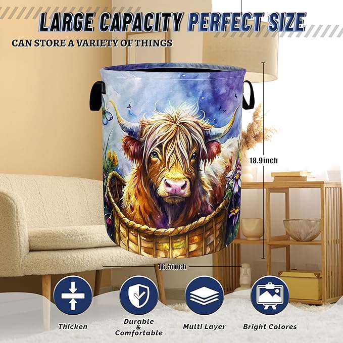 Highland Cow Purple Flowers Laundry Basket Foldable Animal Colorful Laundry Hamper With Handle Oxford Cloth Portable Clothes Storage Basket Laundry Bag 18.9"x16.5" For Laundry Room/Bedroom/Bathrooms