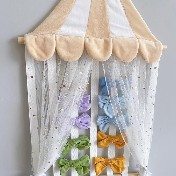 Hair Bows Holder, Hair Clips Storage Hanger Large Capacity, Hair Bows Organizer Wall Hanging for Girl Room, White Tulle Curtain Display, Wall Mounted Storage for Girls Headbands(Beige)
