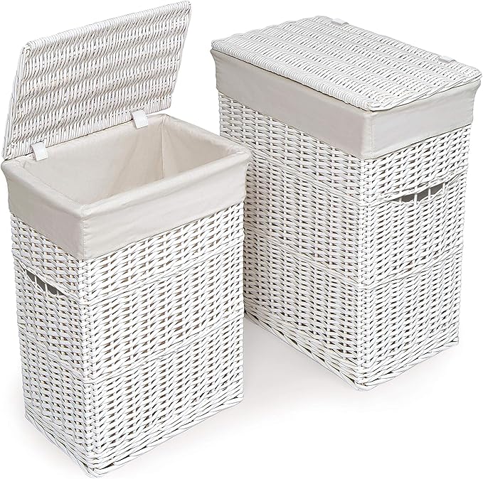 Badger Basket Wicker Nursery Laundry Hampers with Removable Liners and Hinged Lids – Set of 2 Large Clothes Storage Baskets for Baby, Kids, or Home Organization – White/White Finish