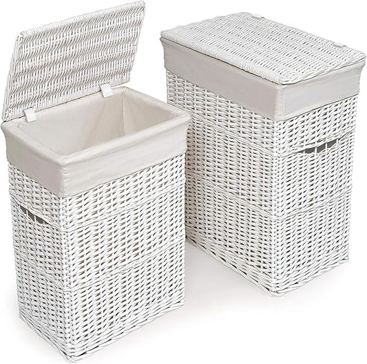 Badger Basket Wicker Nursery Laundry Hampers with Removable Liners and Hinged Lids – Set of 2 Large Clothes Storage Baskets for Baby, Kids, or Home Organization – White/White Finish