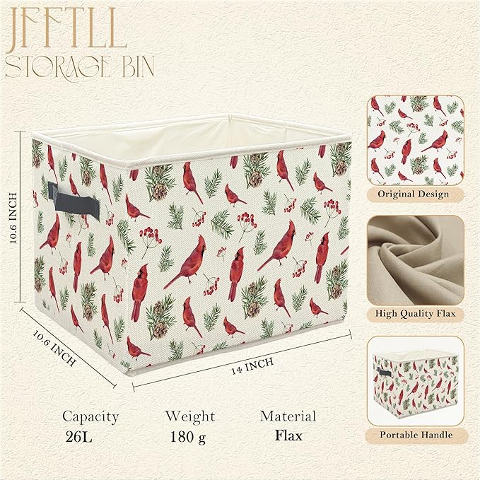 Cardinal Christmas Storage Bins with Handles, Cardinal Lovers Gifts, Winter Red Berry Bird Botanical Collapsible Laundry Basket Storage Box for Home Bedroom Bathroom Clothes Toys Books