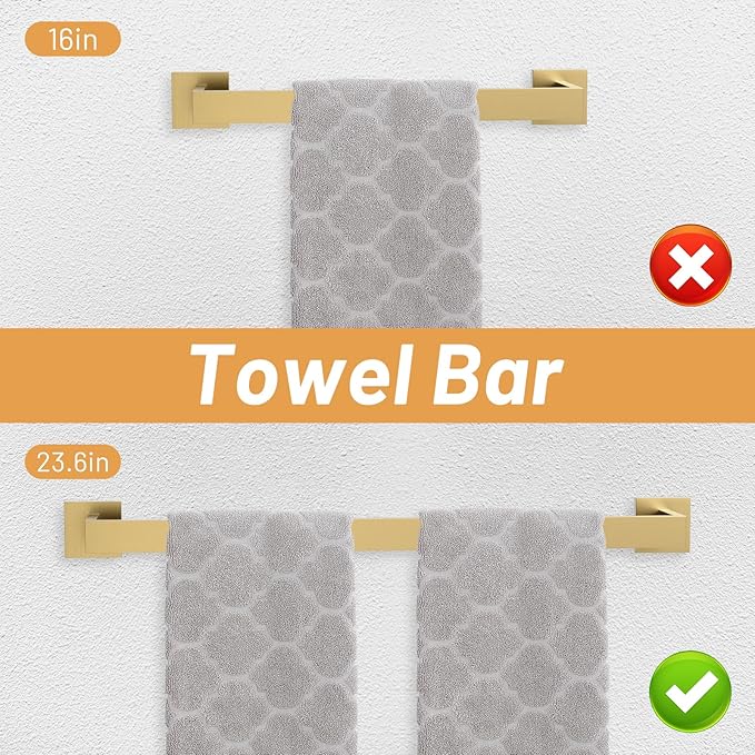 23.6Inch Brushed Gold Towel Bar Set, 10 Pieces Bathroom Accessories Set, SUS304 Stainless Steel Towel Racks Toilet Paper Holder Set for Bathroom Wall Mounted