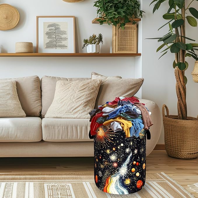 Colorful Planet Starry Sky Laundry Basket Foldable Galaxy Laundry Hamper With Handle Oxford Cloth Portable Clothes Storage Basket Laundry Bag 18.9"x16.5" For Laundry Room/Bedroom/Bathrooms