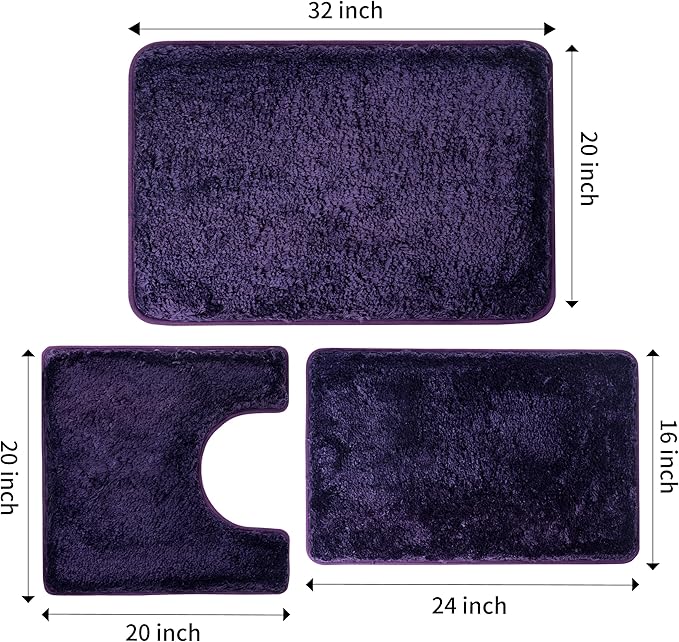 3 Pieces Luxury Bathroom Rug Set with U-Shaped Toilet Rug, Non-Slip Rubber Bottom, Thick Microfiber Fluffy Plush, Water Absorption, Quick Dry, Ultra Soft, Bath Mats for Bathroom, Tub(Purple)