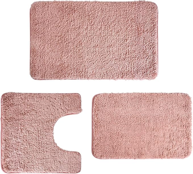 3 Pieces Luxury Bathroom Rug Set with U-Shaped Toilet Rug, Non-Slip Rubber Bottom, Thick Microfiber Fluffy Plush, Water Absorption, Quick Dry, Ultra Soft, Bath Mats for Bathroom, Tub(Coral)