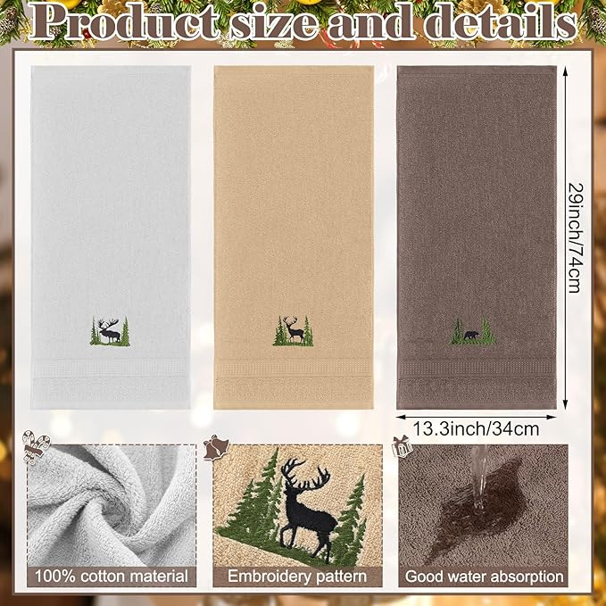 3 Pcs Farmhouse Cabin Bear Hand Towels Forest Moose Deer Embroidered Rustic Decorative Bathroom Towels for Bathroom Kitchen Decor, 100% Cotton, 13.3 x 29.5''