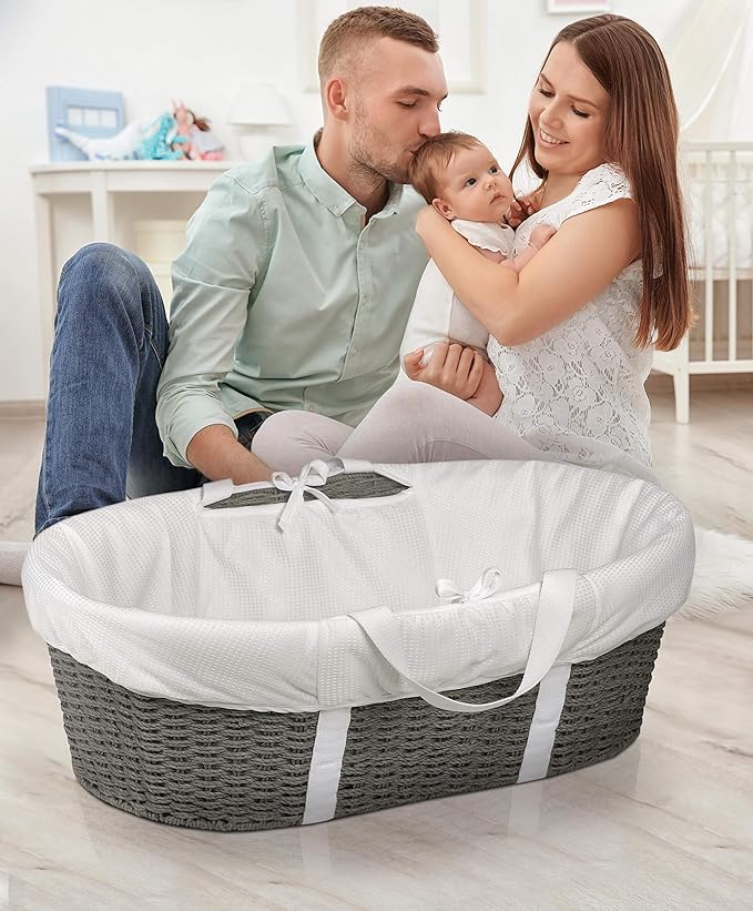 Badger Basket Woven Moses Changing Basket - Portable Baby Diaper Station with Pad, Liner, and Cover - Lightweight Newborn Changing Basket for Home or Travel - Cool Gray/White