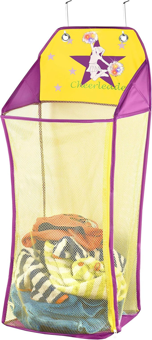 Store & Score Over The Door Hanging Kids Fun LED Cheerleader Light-Up Collapsible Mesh Laundry Hamper, Toy Chest, Heavy Duty Metal Hooks Included. Patent Pending.