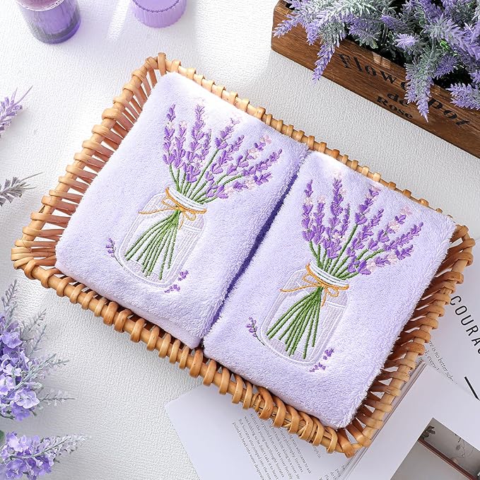 2 Pcs Lavender Hand Towels Purple Bathroom Decor 14x29 Inch Embroidered 100% Cotton Soft Absorbent Spring Summer Decorative Hand Towels for Bathroom Kitchen