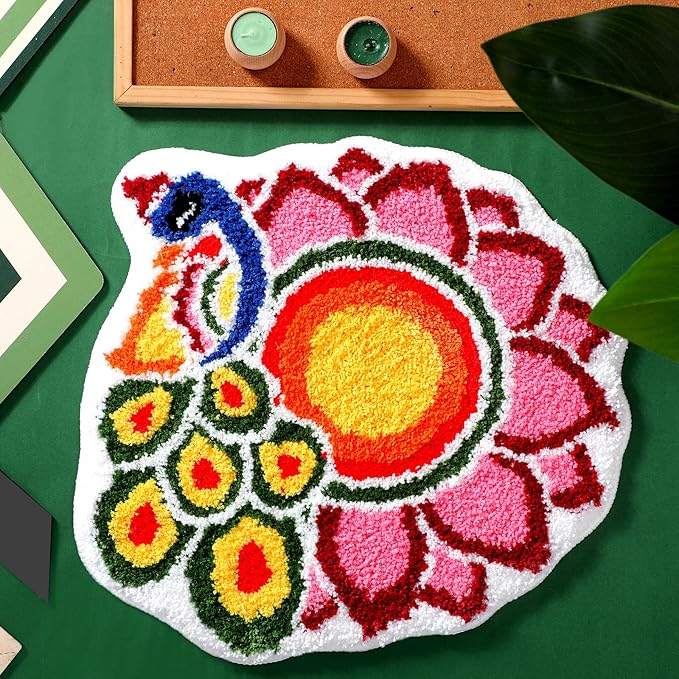 20 Inch Diwali Rangoli Mat Decorations Indian Diwali Door Mat for Home Peacock and Petals Decoration Non Slip Washable Rug for Indian Traditional Pooja New Year Entrance Gift