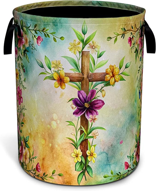 Cross Flowers Laundry Basket Christian Oxford Cloth Laundry Hamper With Handle Foldable Portable Clothes Storage Basket 18.9 X 16.5 Inch Storage Bag For Laundry Room/Bathroom/Bedroom/Dormitories