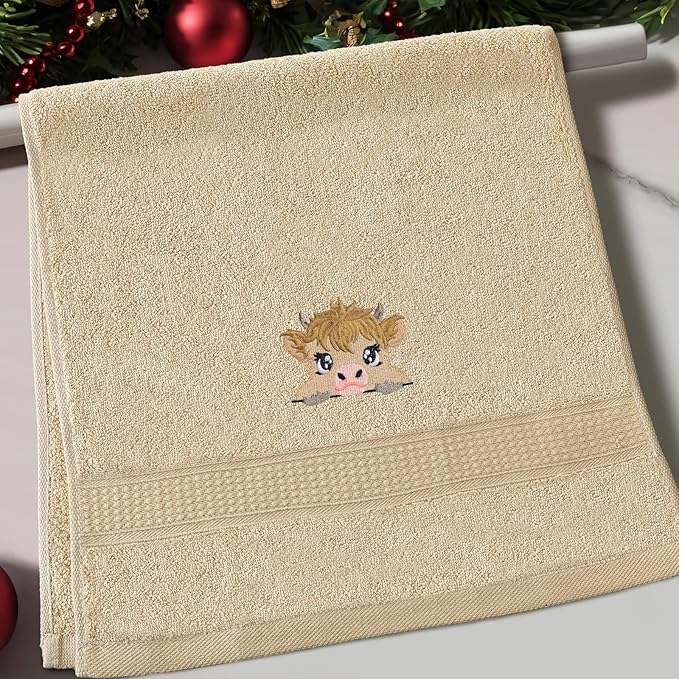 3 Pcs Mini Baby Highland Cow Hand Towels for Bathroom Kitchen Decor, Beige Embroidered Cow Soft Absorbent Decorative Towels Set Christmas Home Decor Gift, 100% Cotton, 13.3 x 29.5''