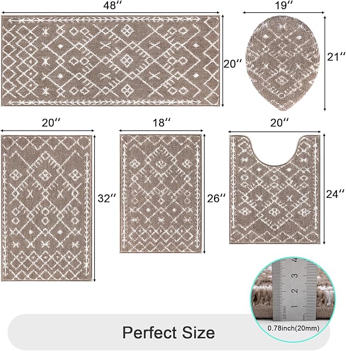 HEBE Bathroom Rugs Sets 5 Piece, Soft Absorbent Microfiber Bath Mat for Bathroom, Non Slip Washable Bath Rug Set with Toilet Cover, Bath Runner and U-Shaped Contour Toilet Rug, Coffee
