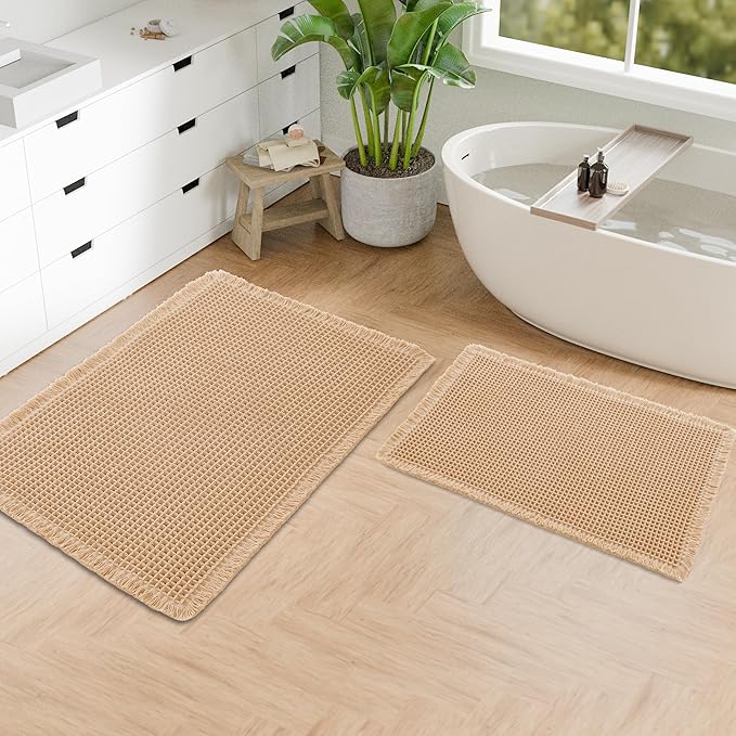 Hiasan Set of 2 Waffle Bath Mat, Super Absorbent Non Slip Bathroom Boho Rug with Tassels, Machine Washable Bath Mats for Bathroom, Ultra Soft Rubber Backed Rug, Brown, 16" x 24" + 20" x 32"