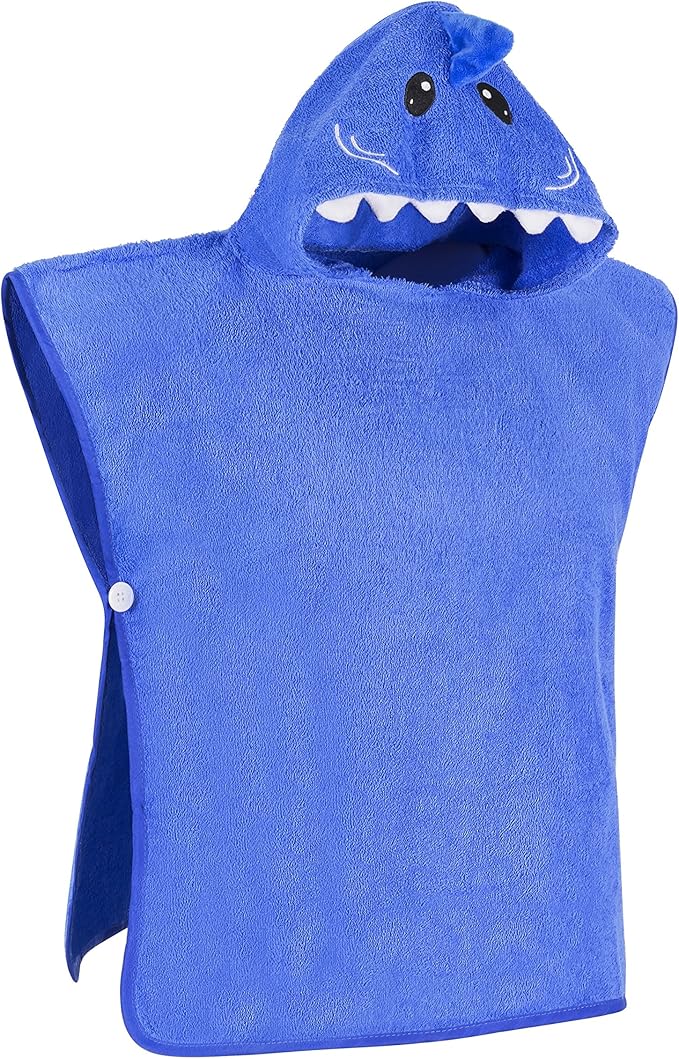 Hudz Kidz Premium Hooded Towel Poncho for Kids & Toddler - 100% Cotton (Blue Shark)