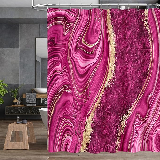 4PCS Pink Gold Marble Shower Curtain Sets with Rugs, Abstract Bathroom Sets with Shower Curtain and Rugs, Modern Bathroom Curtains Shower Set with Toilet Lid Cover Accessories