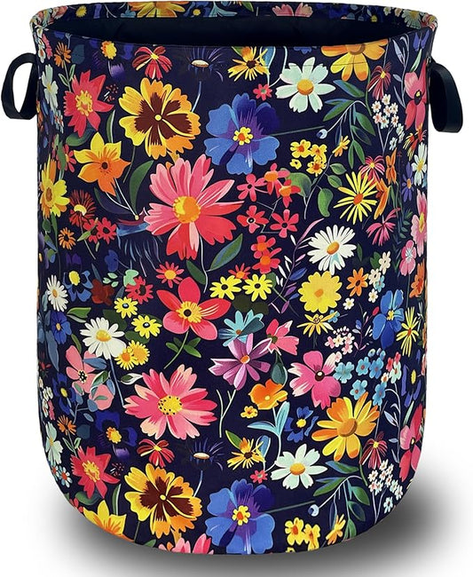 Colorful Flowers Laundry Basket Oxford Cloth Foldable Floral Laundry Hamper With Handle Portable Clothes Storage Organizer Basket 18.9x16.5 Inch Laundry Bag For Laundry Room/Bedroom/Bathroom
