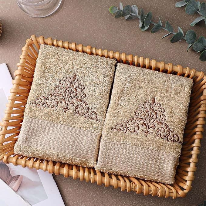 2 Pcs Damascus Hand Towels Brown Farmhouse Bathroom Decor 14x29 Inch Embroidered 100% Cotton Soft Absorbent Spring Summer Decorative Hand Towels for Bathroom Kitchen