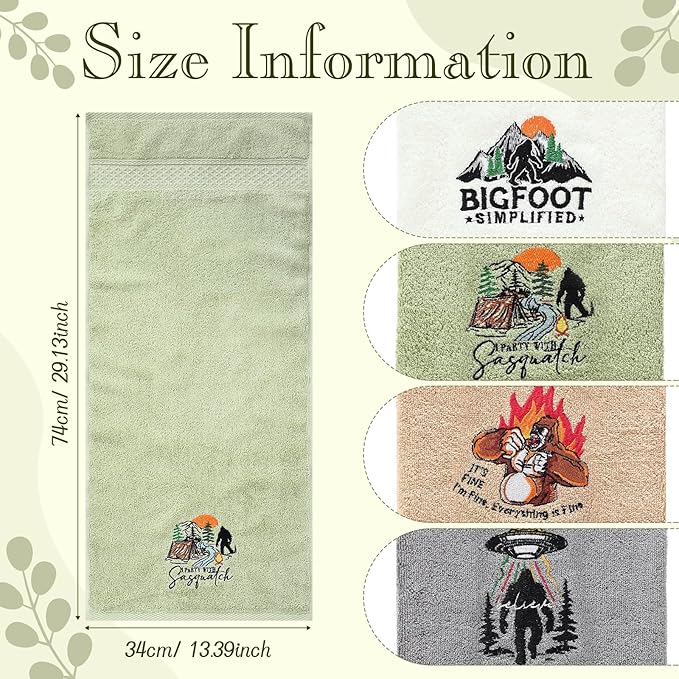 4 Pcs Bigfoot Bathroom Towels Sasquatch Hand Face Wash Towels 29" x 13" Cotton Funny Embroidered Farmhouse Decorative Bathroom for Kitchen Accessories Housewarming