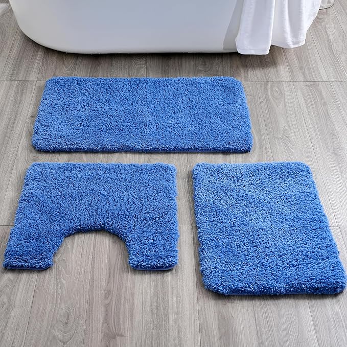 3 Pieces Luxury Bathroom Rug Set with U-Shaped Toilet Rug, Non-Slip Rubber Bottom, Thick Microfiber Fluffy Plush, Water Absorption, Quick Dry, Ultra Soft, Bath Mats for Bathroom, Tub(Sky Blue)