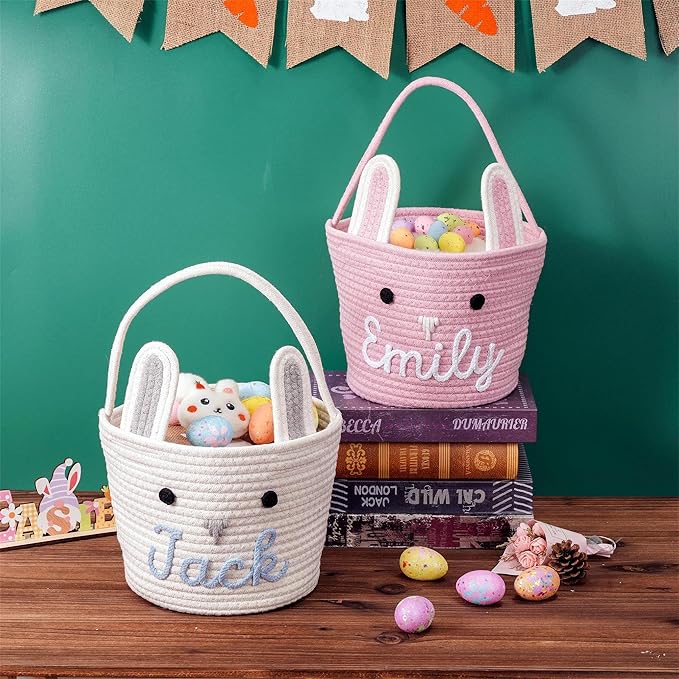JUPPE Personzlized Easter Bunny Basket with Kids Name, Custom Easter Storage Organizer Basket Cotton Rope Nursery Decor Easter Gift (Easter Bunny)