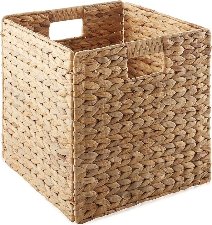 Casafield 13" x 13" Water Hyacinth Storage Baskets, Natural - Set of 6 Collapsible Cube Organizers, Woven Bins for Bathroom, Bedroom, Laundry, Pantry, Shelves