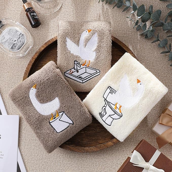3 Pcs Silly Goose Hand Towels Decorative Silly Goose Bathroom Decor Geese Gifts Brown Farmhouse 100% Cotton Embroidered Towels for Bathroom Kitchen Decor, 13.3 x 29.5''