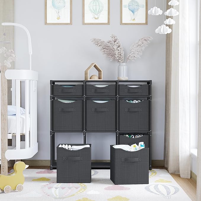 9 Cube Storage Organizer With Bins Included - Closet Storage With 9 Storage Bins - Easy To Assemble Storage Unit With Drawers - Closet Organization For Clothes, Bedroom, Nursery, & Toys (Dark Grey)