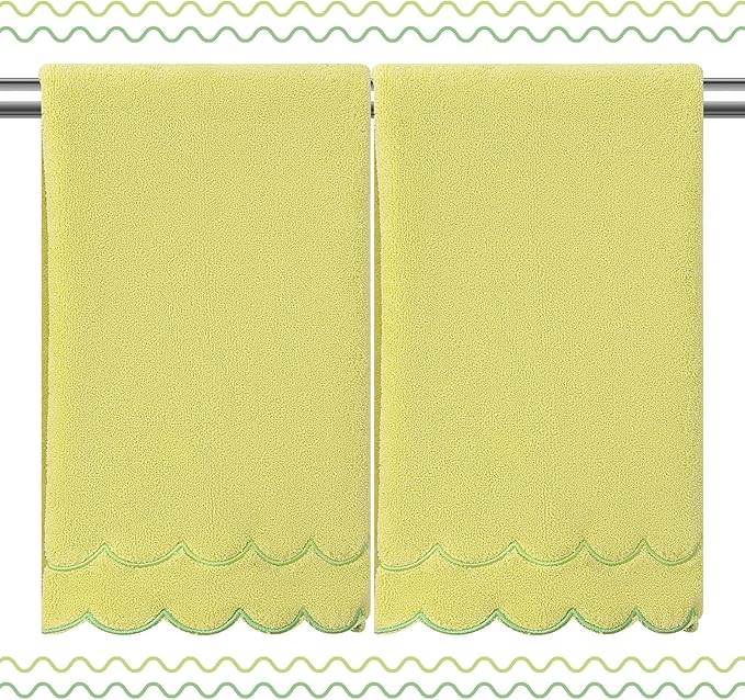 2 Pcs 100% Cotton Bath Towels for Bathroom 16 * 27 Inch Scalloped Bath Towels Embroidered Decorative 600 GSM Soft Absorbent Bath Towel for Bathroom Hotel Spa Sport Yoga (Pure Yellow)