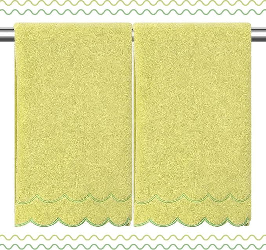 2 Pcs 100% Cotton Bath Towels for Bathroom 16 * 27 Inch Scalloped Bath Towels Embroidered Decorative 600 GSM Soft Absorbent Bath Towel for Bathroom Hotel Spa Sport Yoga (Pure Yellow)